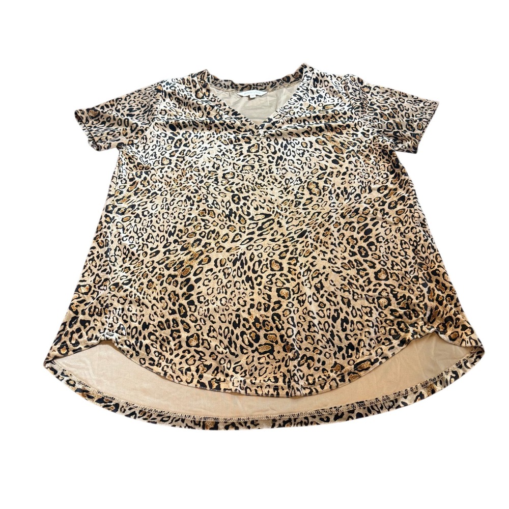 Leopard Print V Neck Short Sleeve High Low Tunic Top Womens L Amaryllis